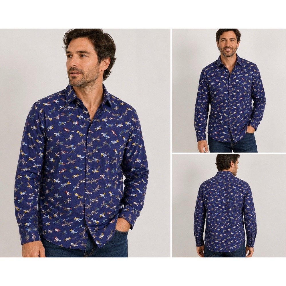 Nicole Miller Studio Shirt Mens L Airplane Aviation Print Navy Button Up